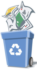 Colored illustration of separation garbage bins with organic, paper, plastic, glass, metal, e-waste and mixed waste. Different trash types in cartoon style. Trash types segregation recycling management concept.