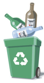 Colored illustration of separation garbage bins with organic, paper, plastic, glass, metal, e-waste and mixed waste. Different trash types in cartoon style. Trash types segregation recycling management concept.